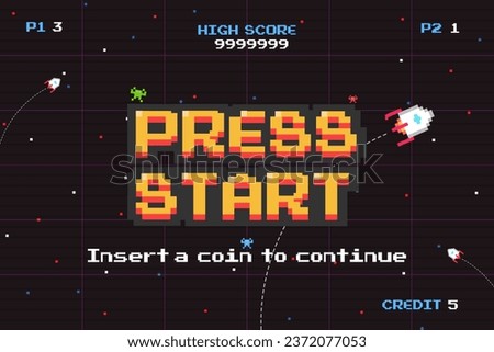 PRESS START INSERT A COIN TO CONTINUE .pixel art .arcade screen.8 bit game.retro game. for game assets in vector illustrations. Royalty-Free Stock Photo #2372077053