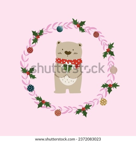 Cute bear holding a Christmas gift in wreath. Vector illustration on soft pink background for Christmas celebration and decoration
