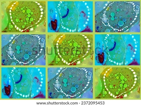 A collage of three photographs of soap bubbles repeated over and over again, created on a blue and green background.