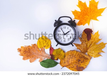 Alarm clock on white background and autumn leaves of different colors..