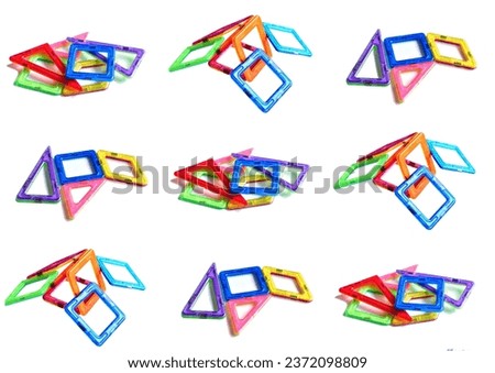 A collage of three photographs of parts of a children's magnetic construction set repeated repeatedly, created on a white background.