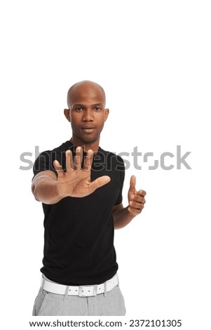 Studio portrait, man and stop gesture with hand for warning, order and threat on white background. Black model, authority pose and body language with attention, protection and protest to decline Royalty-Free Stock Photo #2372101305