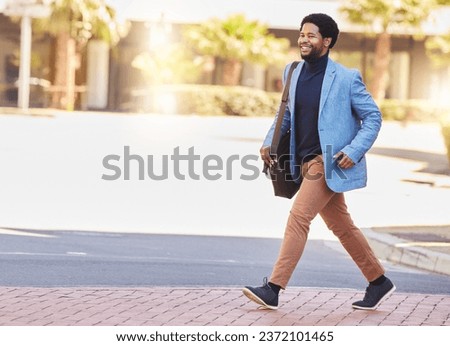 Happy black man, city and walking to work for business travel, trip or opportunity on outdoor sidewalk. African businessman smile in happiness with bag for career, job or start day in an urban town