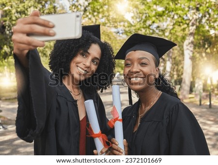 Graduation diploma, women and happy friends selfie for learning success, university education or memory photo. College progress, park photography or students post school profile picture on campus app
