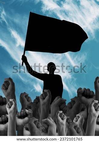 Hands, fist and freedom, human rights activism and flag with silhouette of person, graphic or illustration for equality. Political movement, feminism or empowerment with rally, protest and solidarity