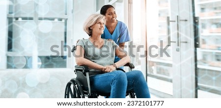 Patient with disability, nurse and smile in clinic for healthcare, wellness and medicare. Medical professional, bokeh and overlay in mockup, physiotherapy and happy, assistance and insurance