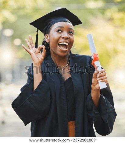 Graduate scroll, happy black woman and okay sign for learning success, education development or school graduation. College diploma, emoji ok icon and university student smile for perfect achievement Royalty-Free Stock Photo #2372101809