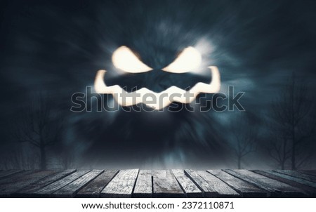 Halloween poster background with Jack-o'-lantern face in the sky and wooden dock