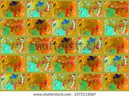 A collage of macro photographs of soap bubbles in a variety of bright colors. Greeting card. Wallpaper. Background.