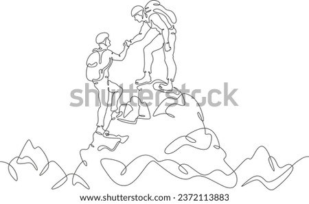 Climbers at the top. Climbing in the mountains in a group. Mountaineering. Mountain climb. Scenery.Hiker helping friend reach the mountain top. One continuous line. Linear.Hand drawn, white background