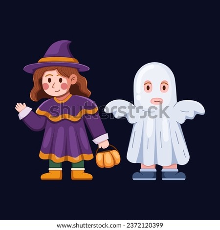 Halloween vector illustration capturing spirit of children dressed as witches and ghosts. The scene is filled with laughter, playful spirits, and the joy of the season. 