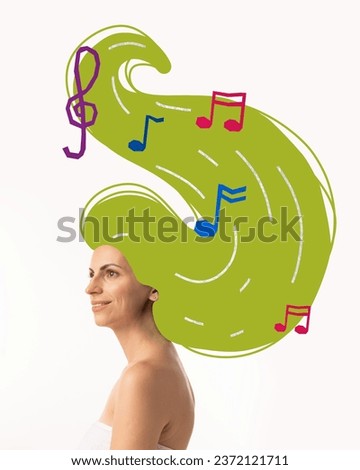 Poster. Contemporary art collage. Portrait of woman with dreams in her long, green drawn hair decorated with colorful musical notes, symphony. Concept of art, inspiration, music, dance, fantasy.