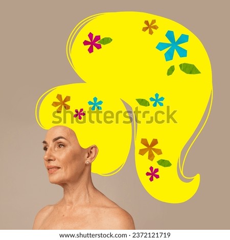 Poster. Contemporary art collage. Portrait of beautiful senior woman with dreams in her long drawn hair in ponytail decorated with flowers. Concept of art, inspiration, summer, spring, blossom.