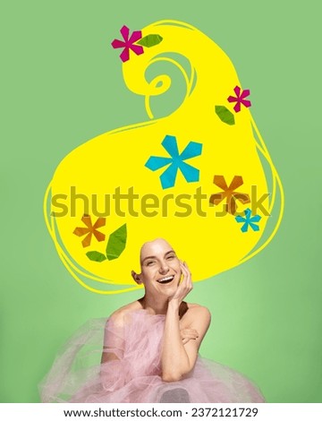 Poster. Contemporary art collage. Portrait of happy woman dressed like princess with dreams in her long drawn hair decorated with flowers. Concept of inspiration, fairy tale, fantasy, summer, spring.