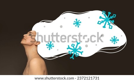 Poster. Contemporary art collage. Side view portrait of relaxing young woman with dreams in her long white drawn hair decorated with blue snow flakes. Concept of art, inspiration, season, winter. Ad