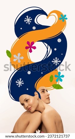 Poster. Contemporary art collage. Two young tender women with dreams in their long drawn hair like autumn and winter decorated with blue snow flakes and foliage. Concept of art, season, fantasy. Ad