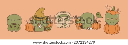 Set of Kawaii Halloween Tortoise. Collection of Cute Vector Halloween Animal Illustrations. 