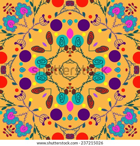 Circular seamless pattern of colored floral motifs   on an orange background. Handmade.