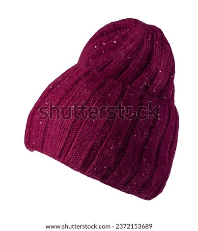 burgundy hat isolated on white background .knitted hat . Royalty-Free Stock Photo #2372153689