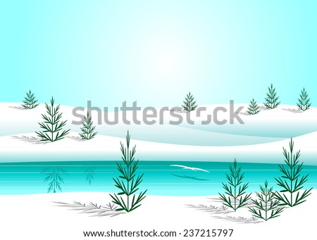 Winter landscape, pool and fir-trees