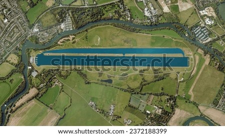 Dorney Lake, purpose built rowing lake looking down aerial view from above – Bird’s eye view Dorney, Buckinghamshire, England Royalty-Free Stock Photo #2372188399