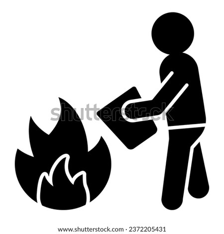 Fire extinguishing with a bucket of water solid icon. Man with bucket and flame glyph style pictogram on white background. Firefighting signs for mobile concept and web design. Vector graphics