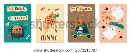 Funny collection Halloween card with hand written text and cute characters.Cartoon pumpkin,spider,ghosts and skeleton driving a car,potion and ice cream.Halloween Party hand drawn poster set in vector