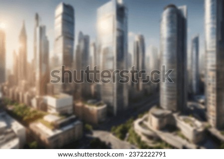 Background of cityscape concept. Blur aerial view building big city on amazing golden warm light at sunrise.