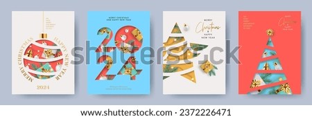 Xmas modern design set in paper cut style with Christmas tree, ball, star golden blue and white gifts, pine branches, lights and number 2024. Christmas cards, posters, holiday covers or banners