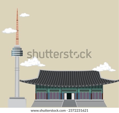 Vector illustration of Korean-style house hanok adn namsan tower Royalty-Free Stock Photo #2372231621
