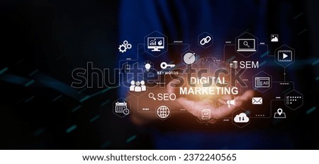 Digital marketing business technology banner web with copy space. Website adertisement email social media network, SEO, SEM video and mobile application icons concept.