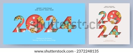Merry Christmas and Happy New Year modern design in paper cut style with number 2024, Christmas tree, ball, golden, blue and white gifts and pine branches. Xmas card, poster, holiday cover or banner