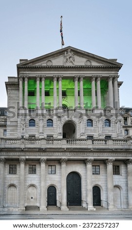 Bank of England headquarters at Threadneedle Street, evening sky above. BoE is central-bank in Great Britain Royalty-Free Stock Photo #2372257237