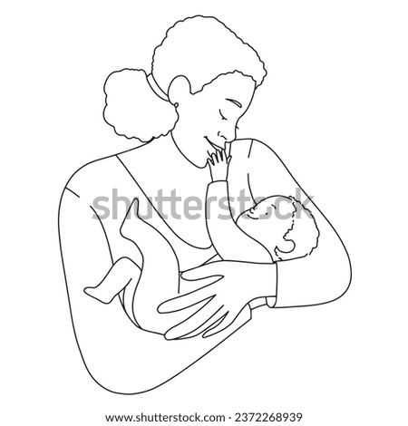 Mom holds a baby, line black and white minimalistic illustration. Vector illustration
