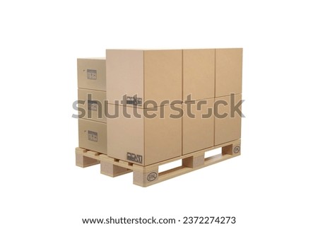 3D render of brown cardboard paper boxes corrupted and falling on wooden palette on white background top view of europallet with load without stretch film or packaging materials