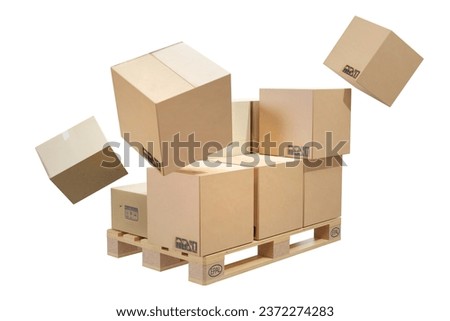 3D render of brown cardboard paper boxes corrupted and falling on wooden palette on white background top view of europallet with load without stretch film or packaging materials without stretch film