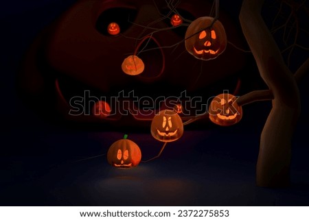 Scared Jack O Lantern and candle light in pumpkin in cemetery for happy halloween ,Concept 3d illustration or 3d render