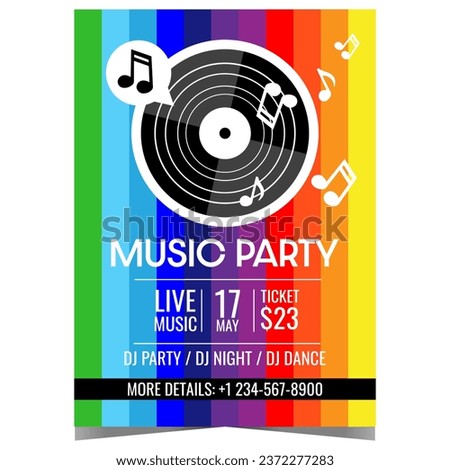 Music party poster with bright colourful stripes, musical notes and vinyl record on the background. Musical concert or feast invitation banner, leaflet or flyer in retro style. Vector illustration.