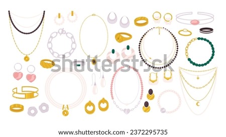Flat gold silver jewelry collection. Ring and necklace, earrings with pearls and stones. Flat fashion female accessories racy vector clipart Royalty-Free Stock Photo #2372295735
