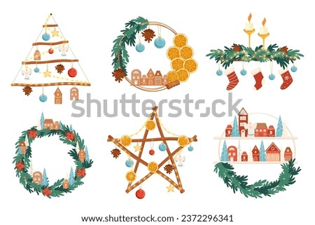 Craft decoration with fir branch, candles and Christmas socks Vector design elements handcrafts home decorating isolated on white background