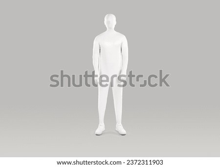 Full length shot of a man in a white bodysuit. Full body portrait of a male model disguised in a white faceless spandex costume standing on a light gray color studio background Royalty-Free Stock Photo #2372311903