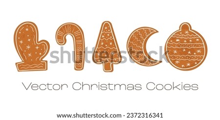 A set of Christmas ginger cookies. Flat style. Gingerbread of traditional form, Christmas theme. Warm shades of brown, thin lines of decor. For prints, invitations, labels.