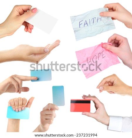 Collage of hands, hands holding empty business cards, credit card and cards with text isolated white
