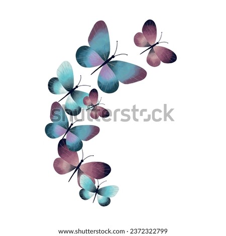 Beautiful blue and purple watercolor butterflies. Vector esoteric illustration. Greeting cards, covers, banners, flyers, invitations.