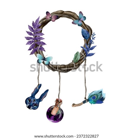 Wreath of twigs, decorated with leaves and butterflies with hanging talismans. Vector esoteric illustration. Greeting cards, banners, invitations.