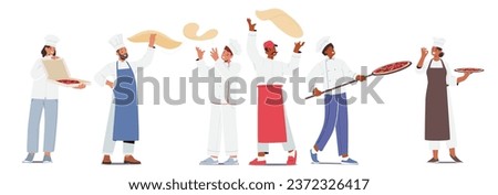 Master Chef Male and Female Characters Expertly Crafts Mouthwatering Pizzas with Fresh Ingredients. The Oven Warmth, And The Aroma Create A Culinary Masterpiece. Cartoon People Vector Illustration Royalty-Free Stock Photo #2372326417
