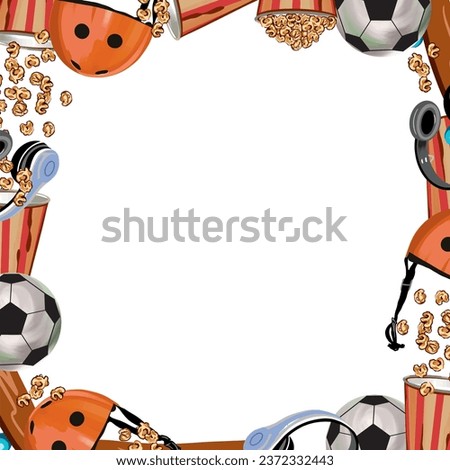 Helmet, popcorn, headphones, ball. Square frame. Template for inserting text. Vector illustration. Greeting cards, invitations, banners, posters.