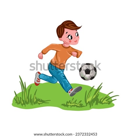 A boy plays with a ball on a green lawn. Vector illustration on a children's theme. Greeting cards, invitations, themed banners, book illustrations.