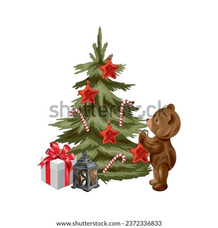Christmas tree decorated with stars, teddy bear, gift, candlestick. Vector illustration for New Year composition. Greeting cards, invitations, banners