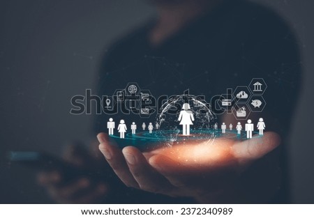 Target audience, buyer persona, customer behavior concept. Personalization marketing, customer centric strategies, Brand research analysis technology. Business people shows target customer on virtual. Royalty-Free Stock Photo #2372340989